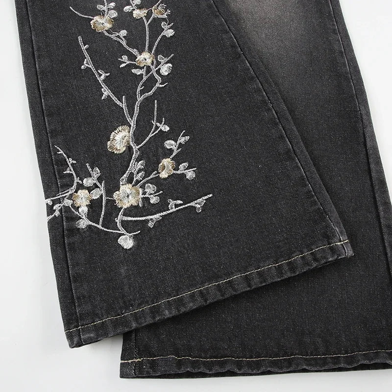 Weekeep Floral Embroidery Low Rise Flared Jeans Women