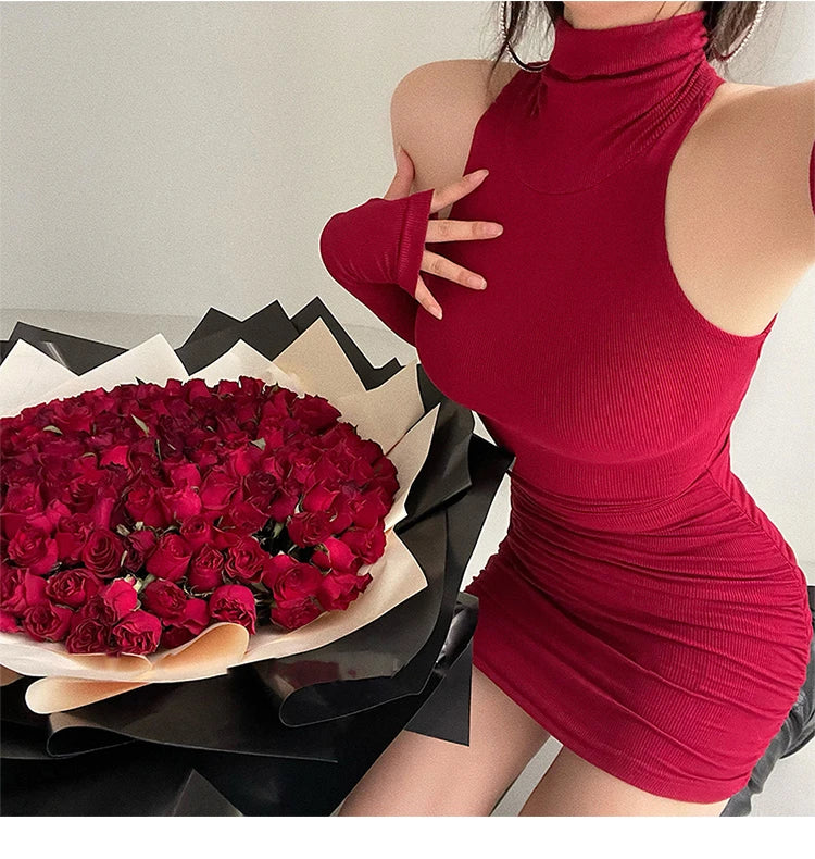 Sleeveless High-Neck Pleated Mini Dress
