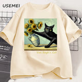 Van Gogh's Cat Art Print T Shirt Funny Graphci T Shirts Cotton Trendy Summer Loose Short Sleeved T-shirt Men Women Harajuku Top