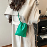 Portable Pu Leather Women Handbags Solid Flap Large Capacity Crossbody Bags Candy Color Mini Bucket Bag