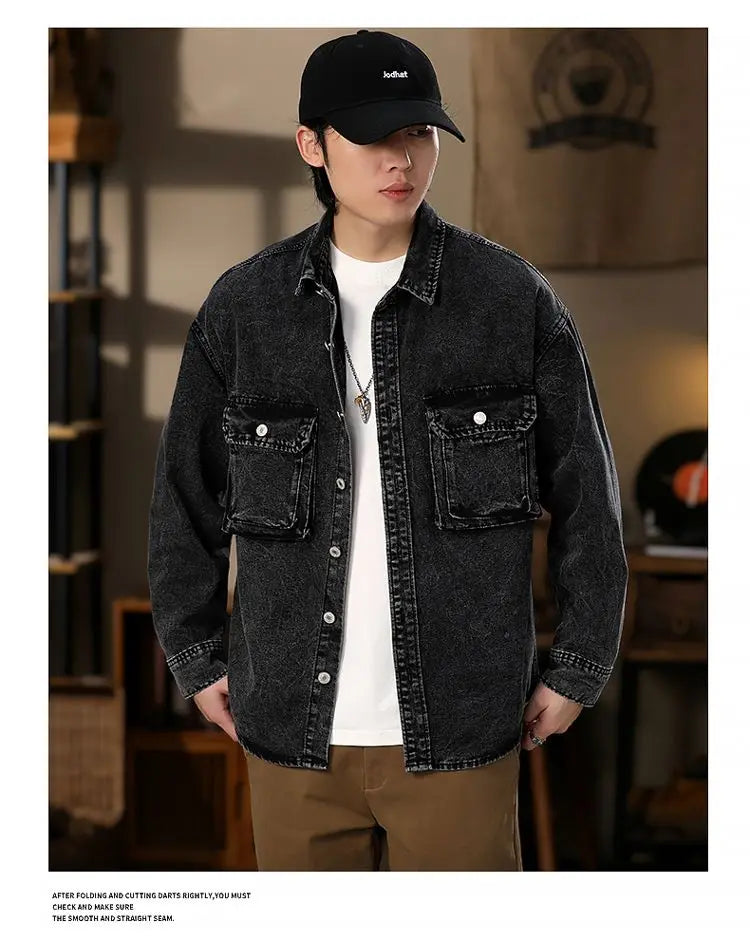 Men Fashion Denim Jackets Coats Loose Fit Pockets Solid Turn Down Collar Full Sleeve Regular Jacket Spring 2025 Causal Clothing