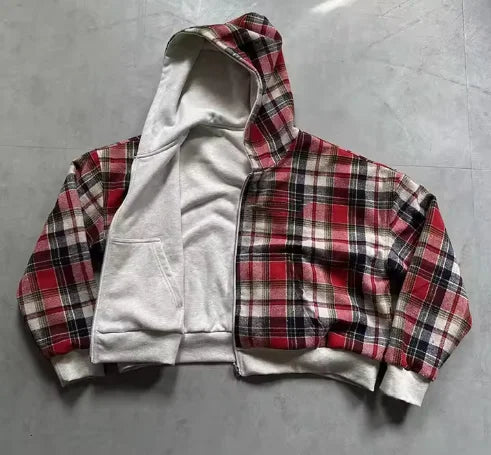 Reversible Plaid Zip-Up Hoodie with Relaxed Fit