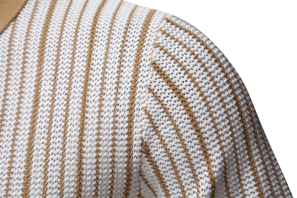 Men's Striped Mesh Polo – Contrast Panel, Breathable
