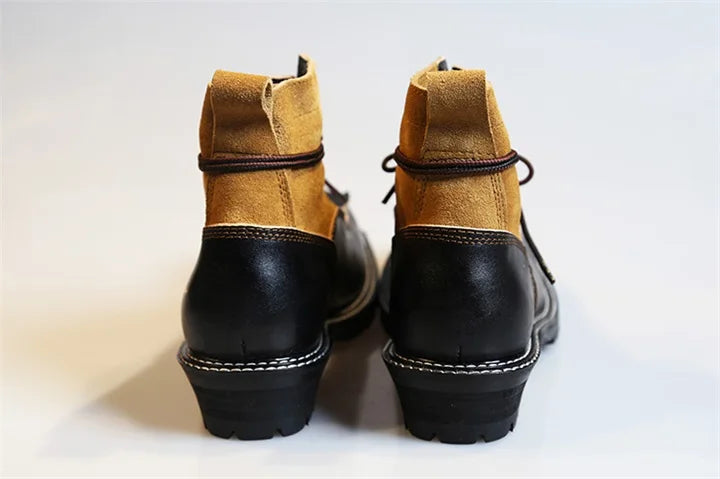 KOWM Hiking shoes men's cowhid boots British leather trekking shoes thick soled ankle sneakers cowhide high top motorcycle boots