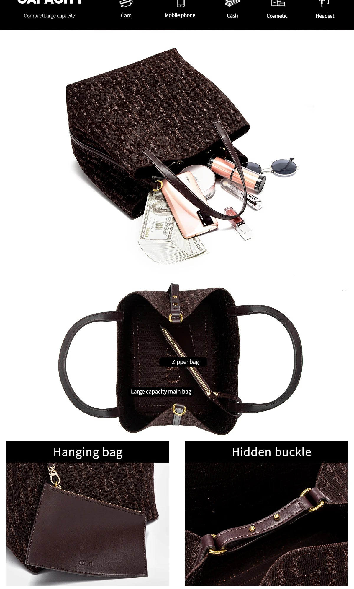 Trendy Solid-Color Women's Bucket Bag - Large Capacity Letter Print Design with Detachable Strap  Inner Card Pockets