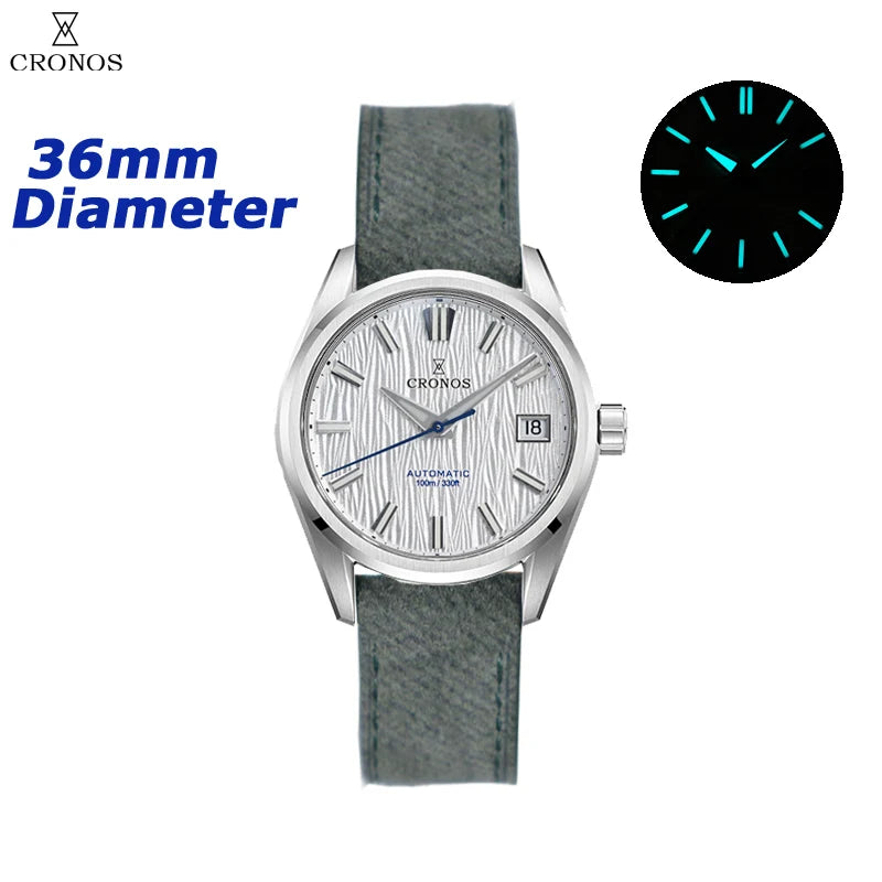 Cronos Men Watch 36mm Automatic PT5000 Miyota 9015 Movement Wristwatches White Dial Birch Pattern Sapphire 10 ATM L6048M
