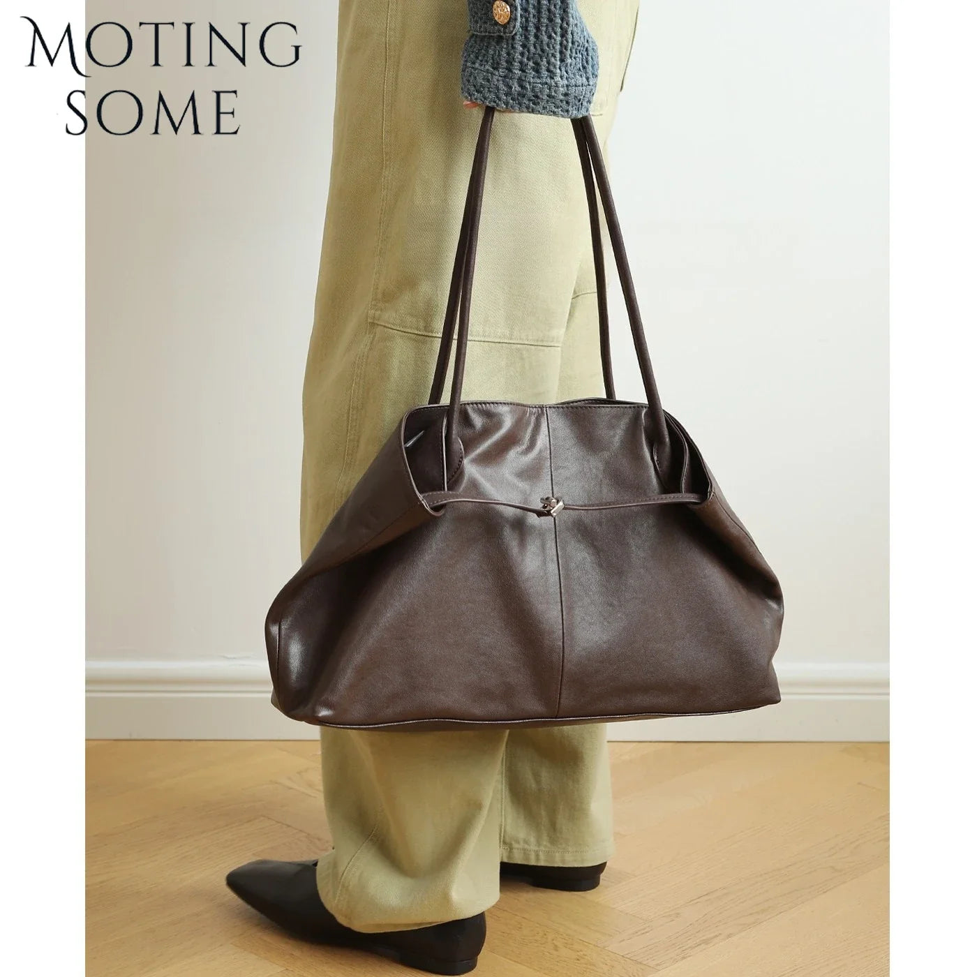 Motingsome Oversized Natural Leather Woman Bags 2025 New Fashion Handbag and Purses Large Capacity Commuter Bag Casual Tote