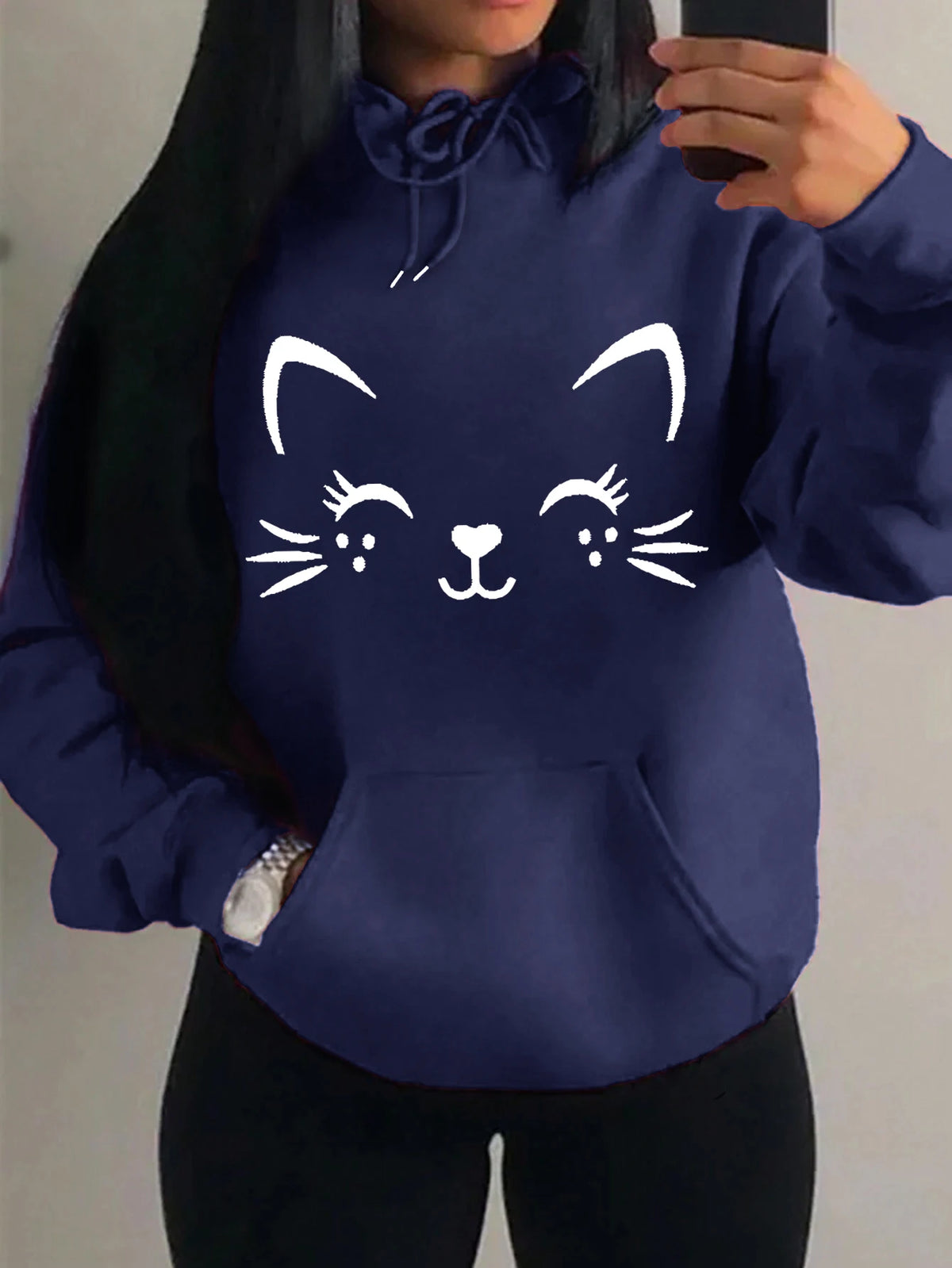 Women's Playful Cat Graphic Fleece Hoodie
