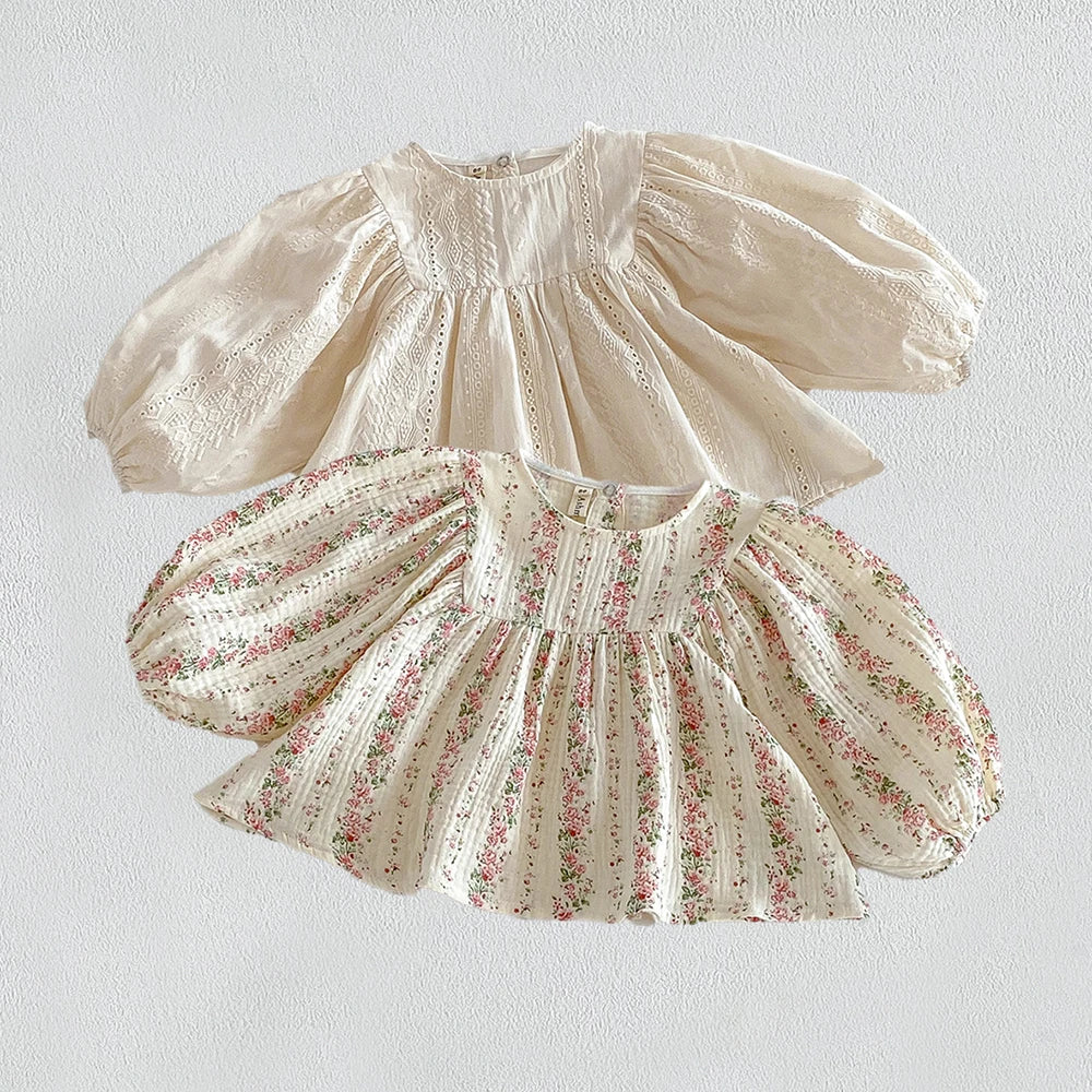 New Autumn Toddlers Girls Lace Embroidery Blouses Puff Sleeve Ruched Tops Baby Kids Floral Loose Shirts Fall Children Clothing