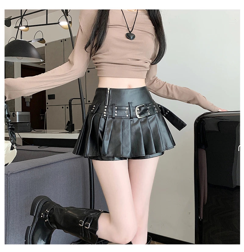 Women's Black Gothic Pleated Faux Leather Mini Skirt