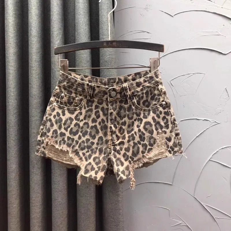 Leopard Print High-Waist Denim Shorts for Women