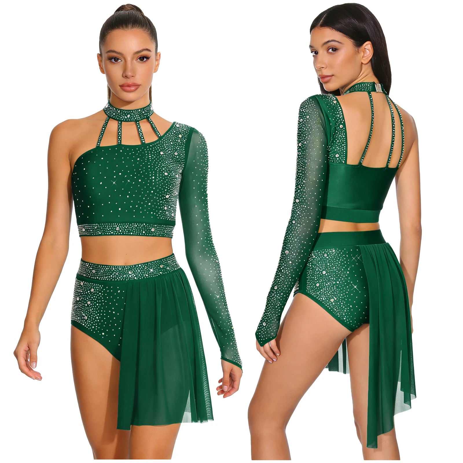 Women's 2-Piece Rhinestone Dance Crop Top & Shorts Set