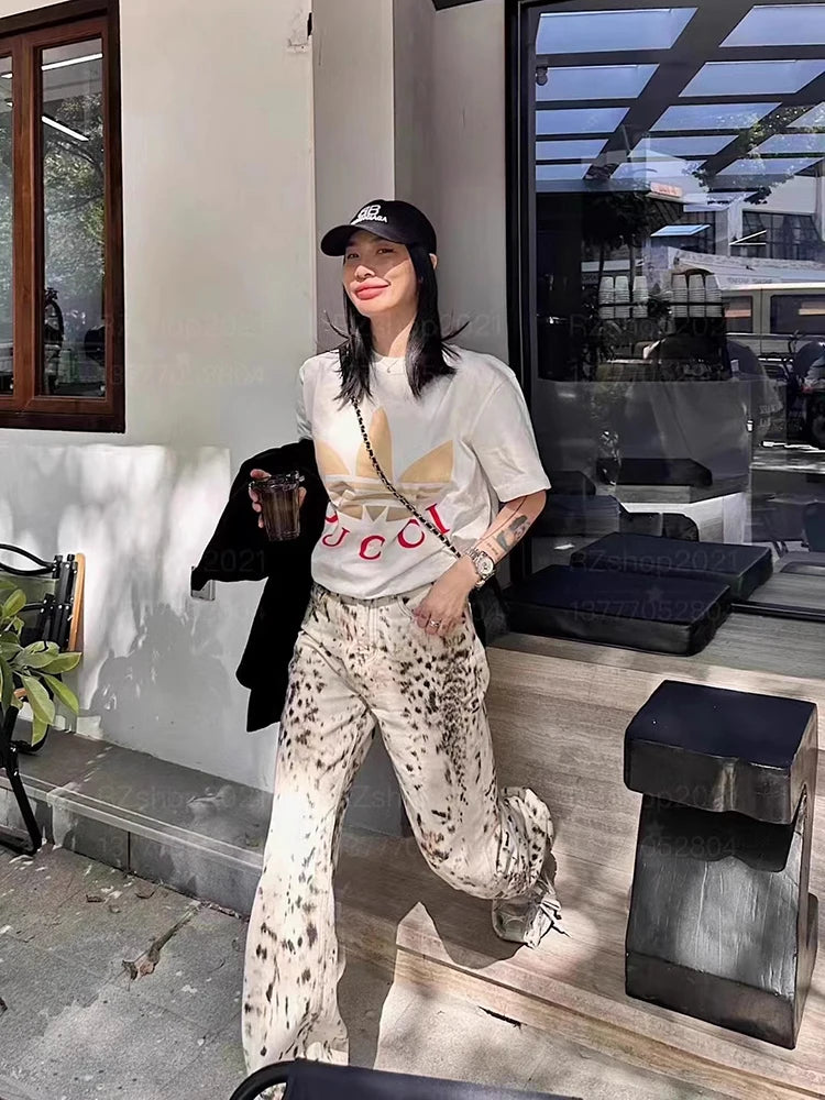 Women's High-Waisted Leopard Wide Leg Jeans | Y2K Vintage