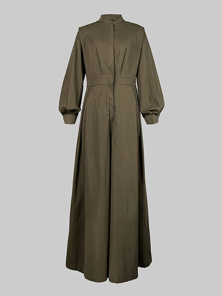 High-Waisted Wide Leg Jumpsuit - Half-Collar Long Sleeve One-Piece