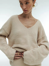 Women's V-Neck Knitted Sweater & Ankle-Length Skirt 2-Piece Set