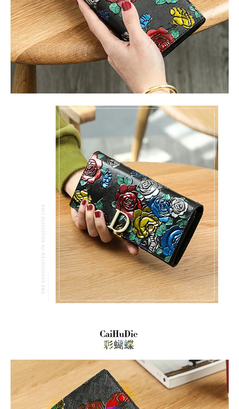 Genuine Leather Purse Wallet Female 3d Embossing Ladies Personality Retro Long Clutch Wallet Women Purse Coin Holders