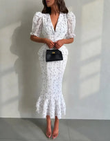 Women Elegant Printed V-neck Dress Chic Lapel Waist Cinched Pleated High Waisted Dresses 2026 Summer New Lady Vacation Gowns