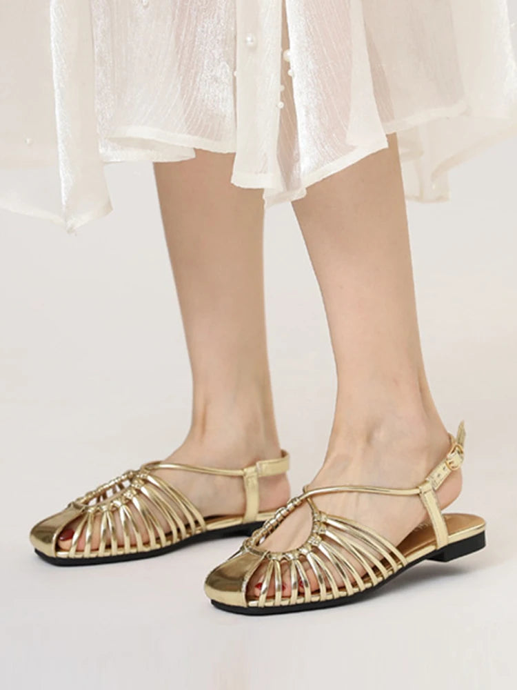 Women's Narrow Band Roman Flat Sandals — Buckle Strap Gladiator Beach Shoes