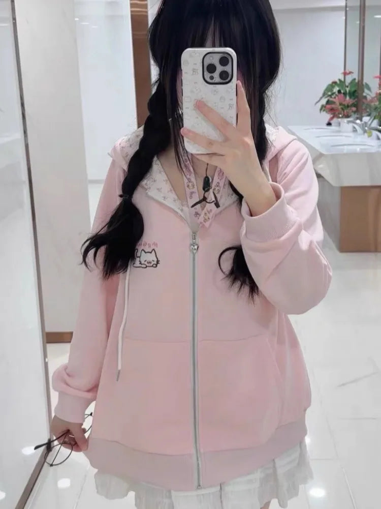Women's Pink Embroidered Zip-Up Hoodie