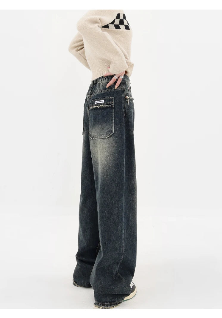 Harajuku Streetwear Retro Fashion Autumn Women High Waist Jeans Loose Wide Leg Straight Loose Denim Trousers Y2K Baggy Pants