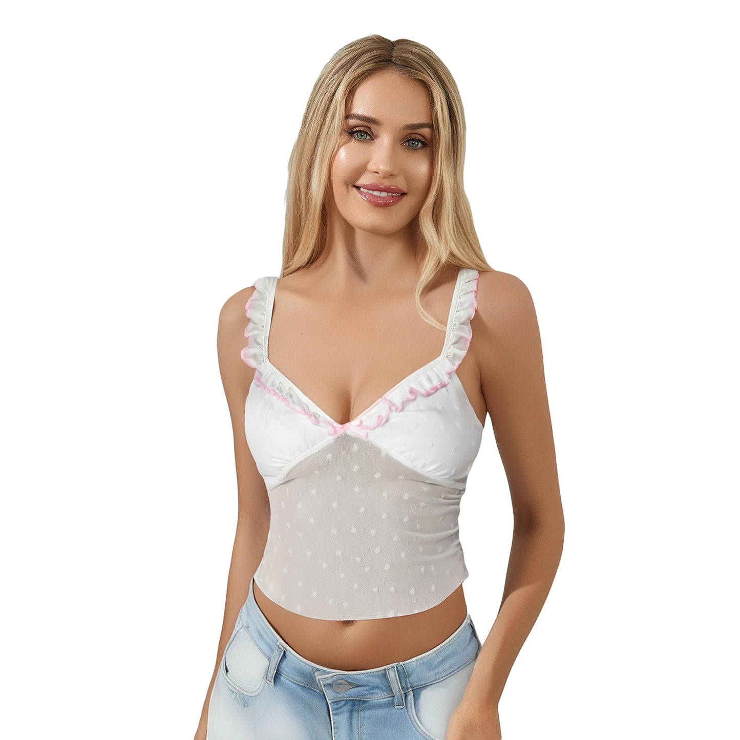 Heart-Neckline Ruffle Mesh Camisole