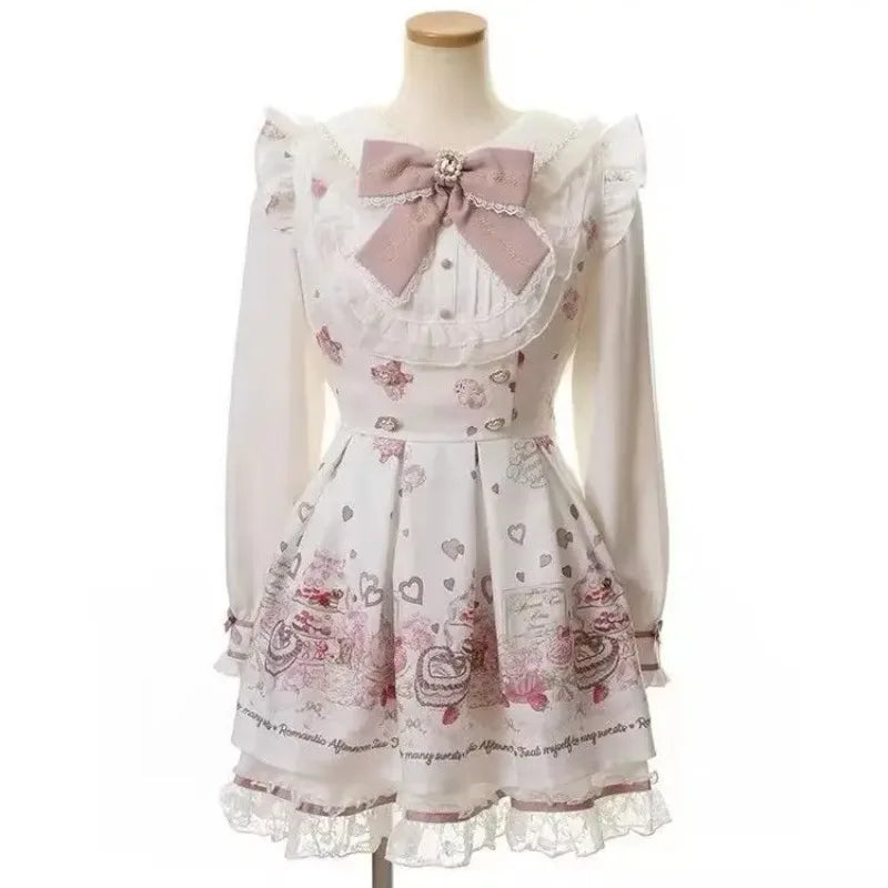Y2k Japanese Kawaii Two-Piece Sets Long Sleeve Top + Short Skirt Sweet Women Casual Cute Print Bow Patchwork 2025 New Arrival