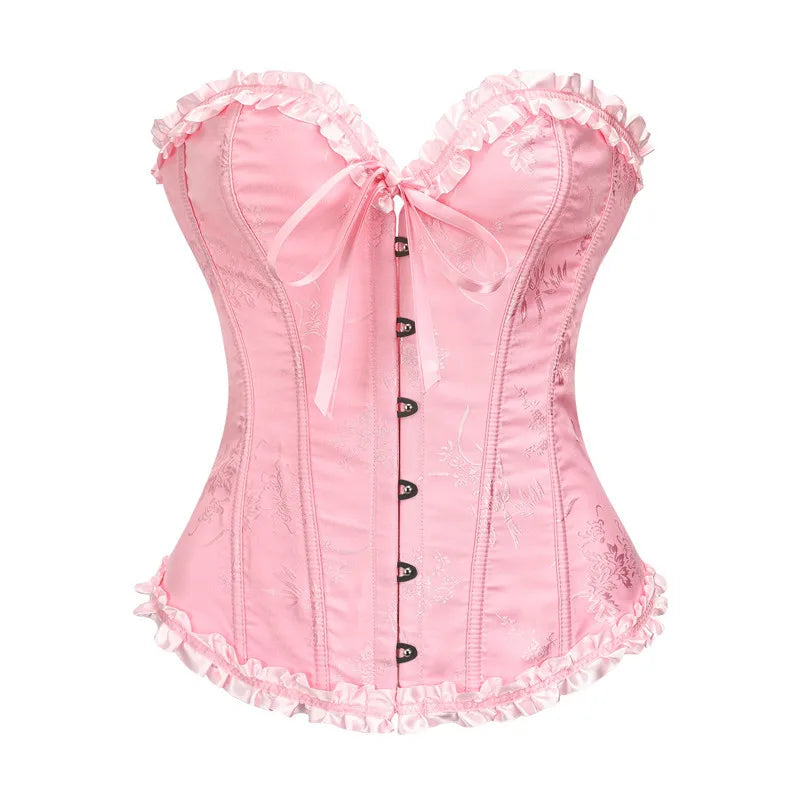 USA-Made Jacquard Ruffled Overbust Corset – Gothic Victorian Push-Up Bustier