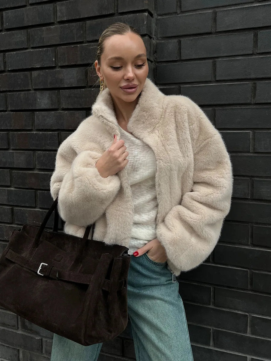Bornladies New Women's Faux Fur Jacket Zipper Warm Plush Coat Oversized Soft Fluffy Stand Up Collar Autumn Winter Casual Jacket