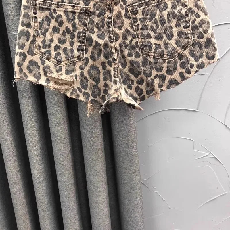 Leopard Print High-Waist Denim Shorts for Women