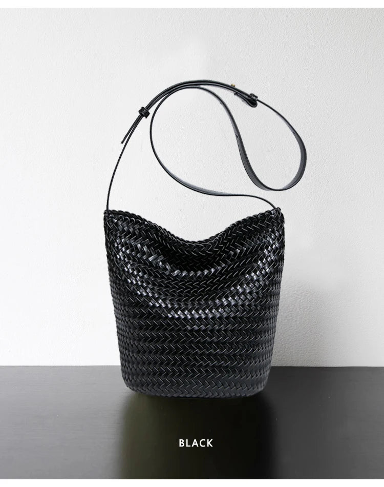 Luxury Women's Shopping Bag New High-End Hand-Woven Leather Bucket Bag Large-Capacity Shoulder Messenger Bag Commuter Tote Bag