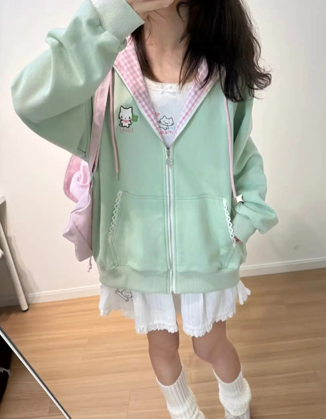 Women's Cat & Floral Print Zip-Up Hoodie