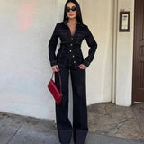 HXAO Black Denim Pant Sets Women's Two Pieces Set Slim Long Sleeve Shirt 2 Piece Sets Woman Outfit High Waist Flare Trousers Set
