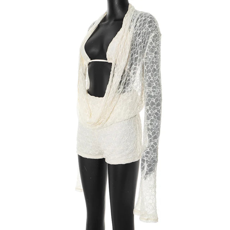 Mozision Lace Two Piece Set Women See Through Long Sleeve T-shirt And Shorts Matching Sets Female Elegant Shorts Two Piece Set