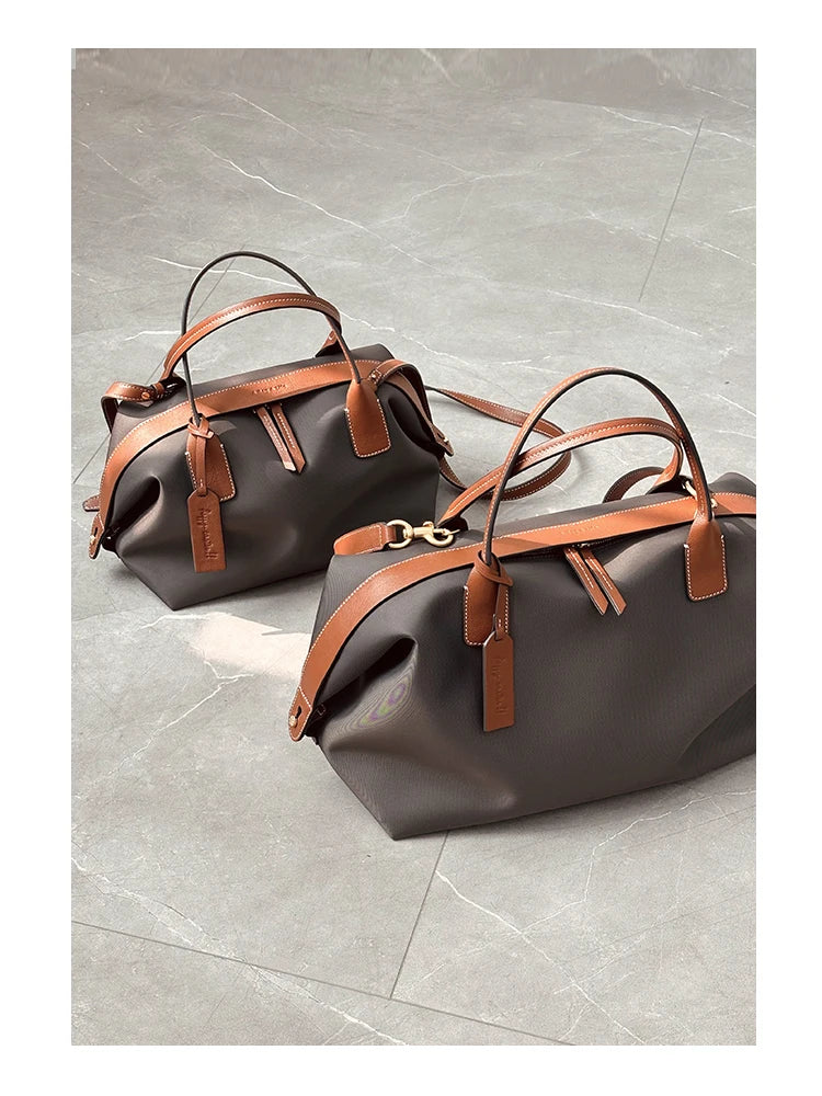 Women's Nylon With Genuine Leather Zipper Tote Lightweight Soft Travling Bags Versatile Style Handbag Different Colors And Size