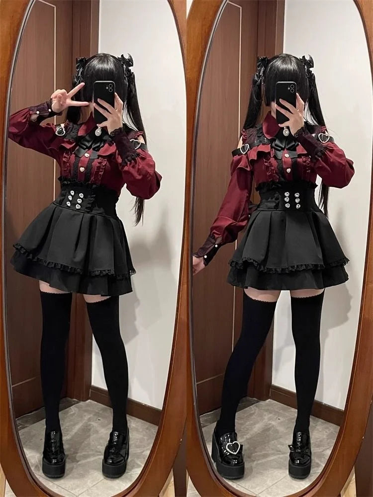 High Waist Lolita School orm Set Winter Faion oulder Bared irt And  Skirt Spicy Girl Clete Outfit Polyester ...