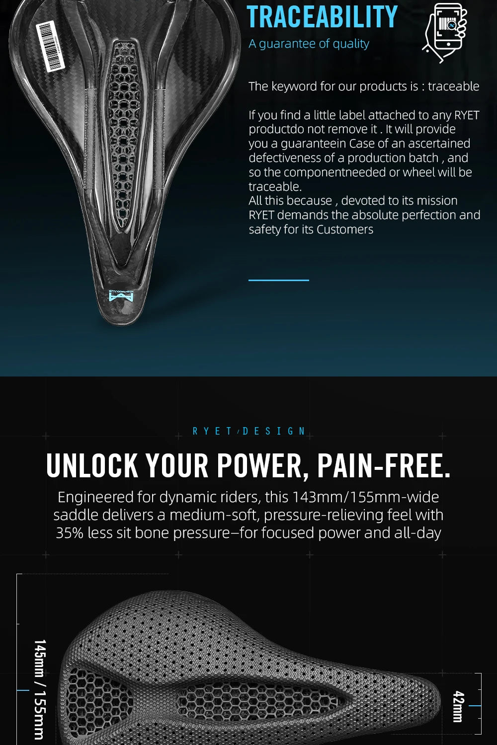 RYET Carbon 3D Printed Bike Saddle 145/155mm