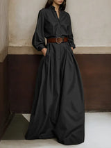 High-Waisted Wide Leg Jumpsuit - Half-Collar Long Sleeve One-Piece