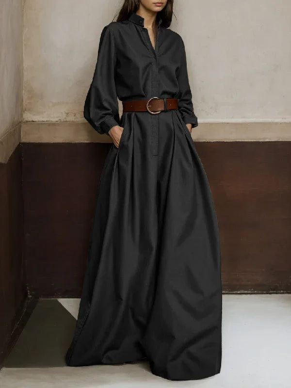 High-Waisted Wide Leg Jumpsuit - Half-Collar Long Sleeve One-Piece