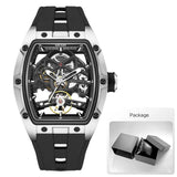 MEGIR Men Wristwatch Fashion Black Waterproof Automatic Mechanical Watch with Luminous Hands Silicone Strap Tonneau Dial 2242