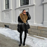 Women's Black Faux Leather Coat with Detachable Collar