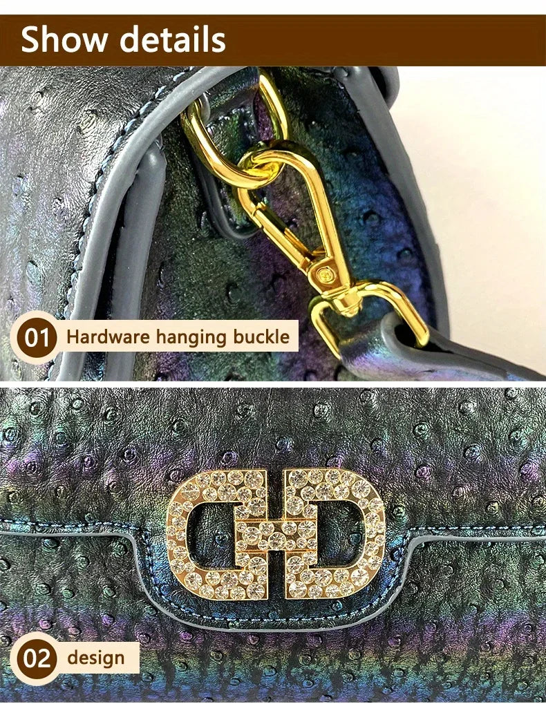 Advanced Ostrich Pattern Diamond Inlaid Women's Handbag New Fashionable High-End Shoulder Crossbody Bag