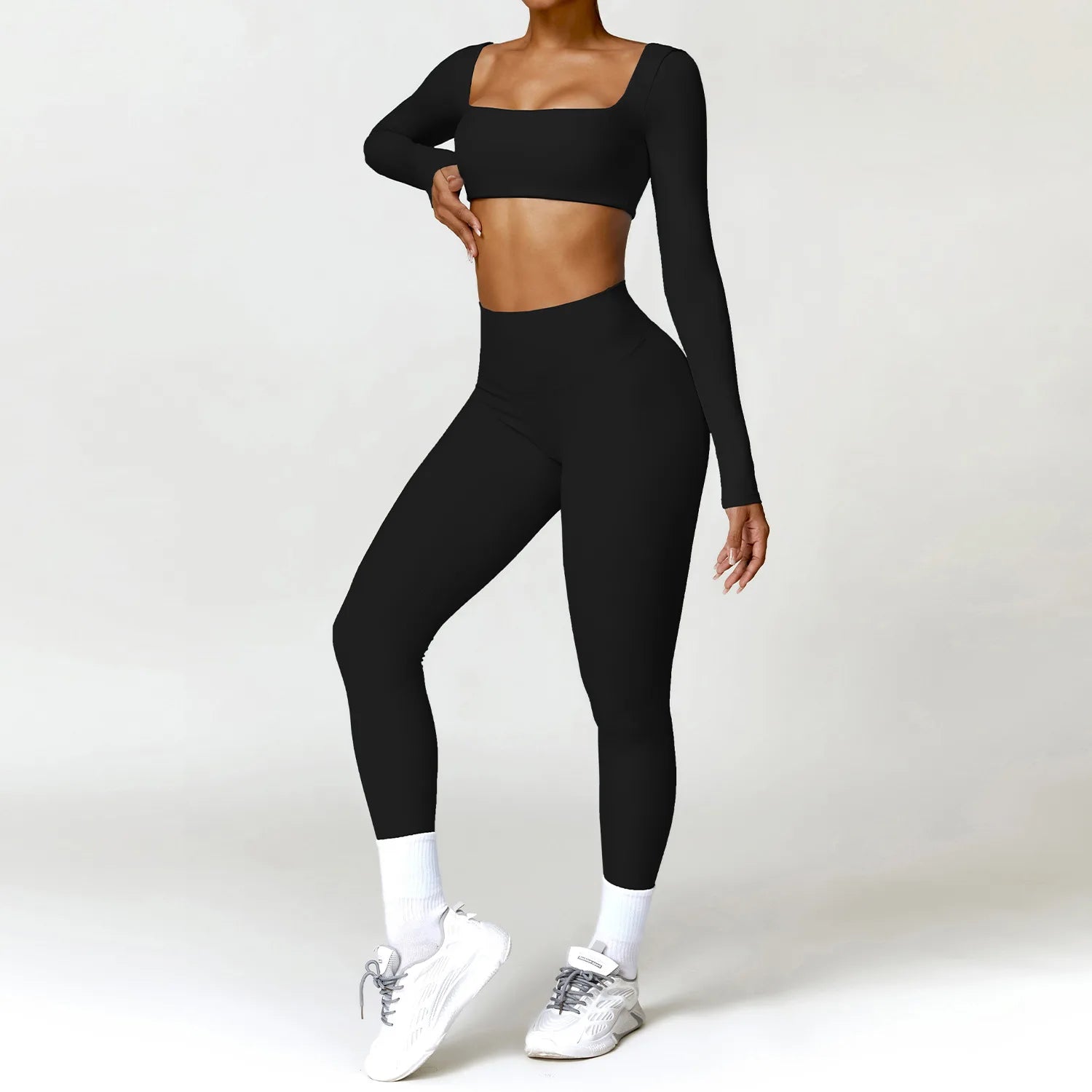 2-Piece Women's High-Waist Yoga Set – Seamless Long Sleeve Workout Suit