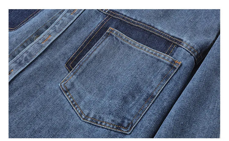 Mens High Quality Custom Weave Slub Deconstructed Patchwork Denim Shirt Trendy Distressed Wash Streetwear Casual Long Sleeve