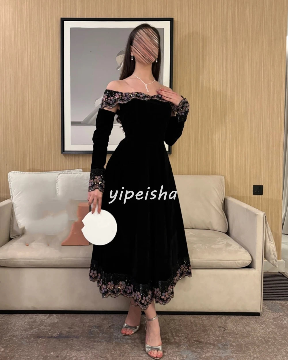 Off-Shoulder Floral Beaded A-Line Midi Dress
