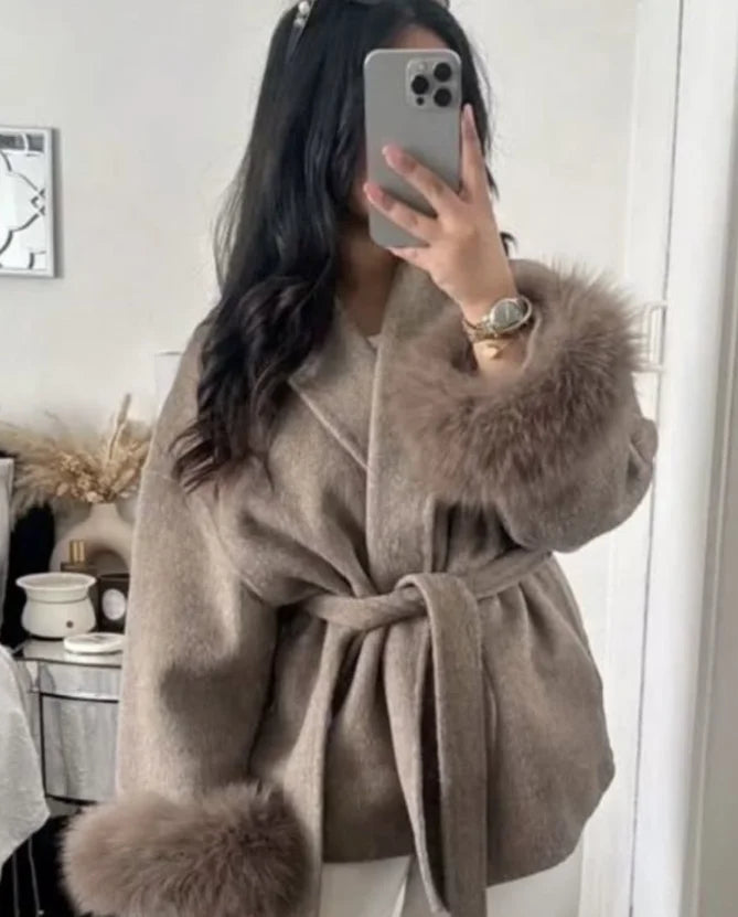 Elegant Lace-Up Woolen Short Coat