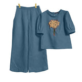 Floral Embroidery Linen-Style 2-Piece Set
