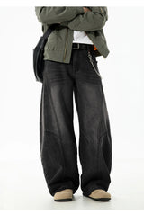 Autumn Retro Structured Split Washed Distressed Curved Jeans with Men's Silhouette Loose Straight Leg Pants Trendy Street Style