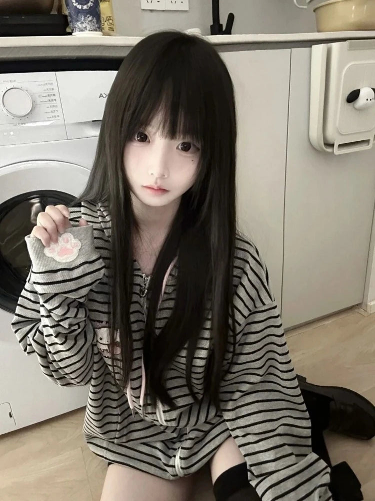 Women's Striped Cat-Ear Zip-Up Hoodie