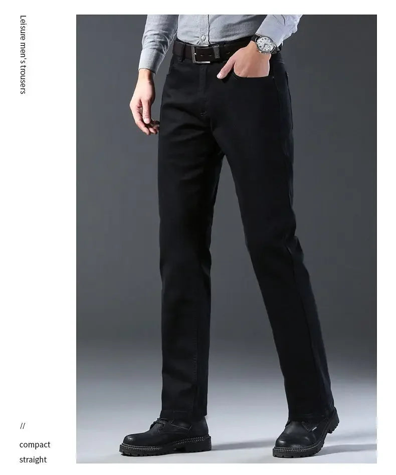 High Quality Autumn Winter Solid Color Black Men's Jeans Classic Stretch Denim Pants Work Business Cotton Trousers Plus Size 40