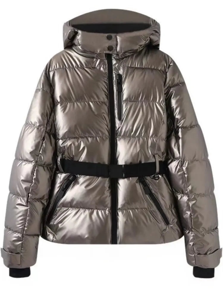 Women's Hooded Winter Parka – Insulated Mid-Waist Jacket with Adjustable Belt